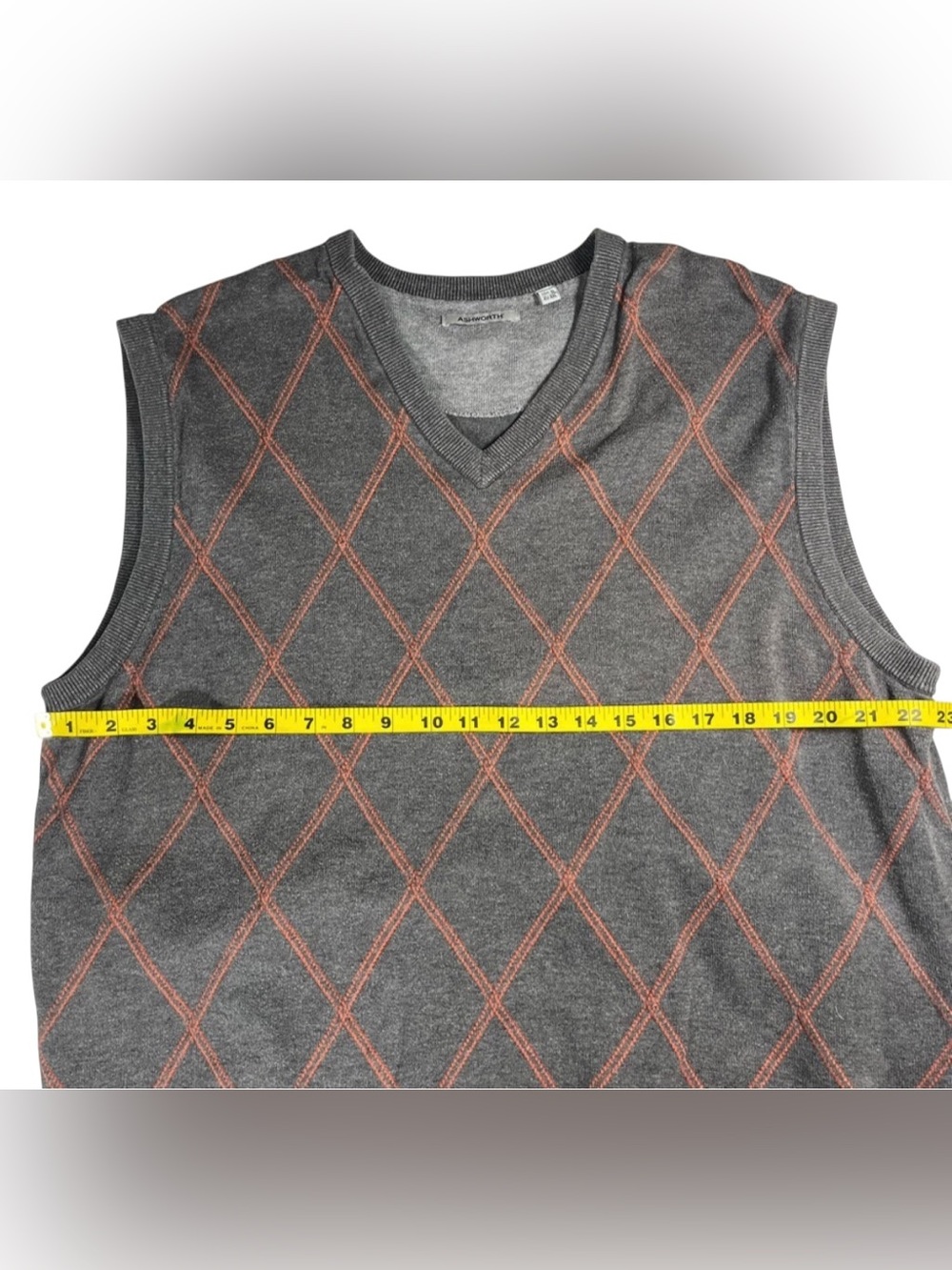 Ashworth Argyle Sweater Vest XL Gray Orange 100% Cotton Golfcore Preppy - Picture 5 of 10